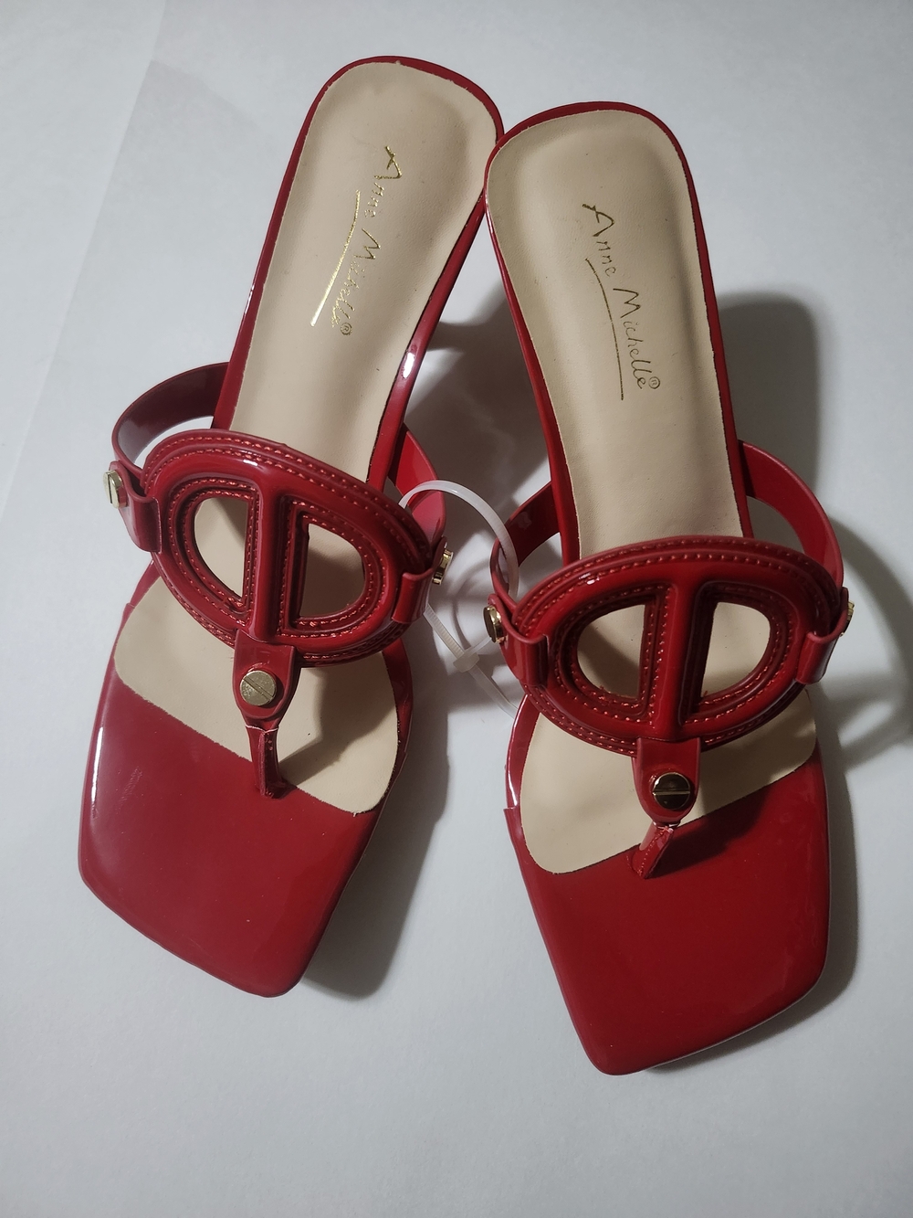 Anne Michelle Red Patent Slide Sandal with Decorative Circular Detail
